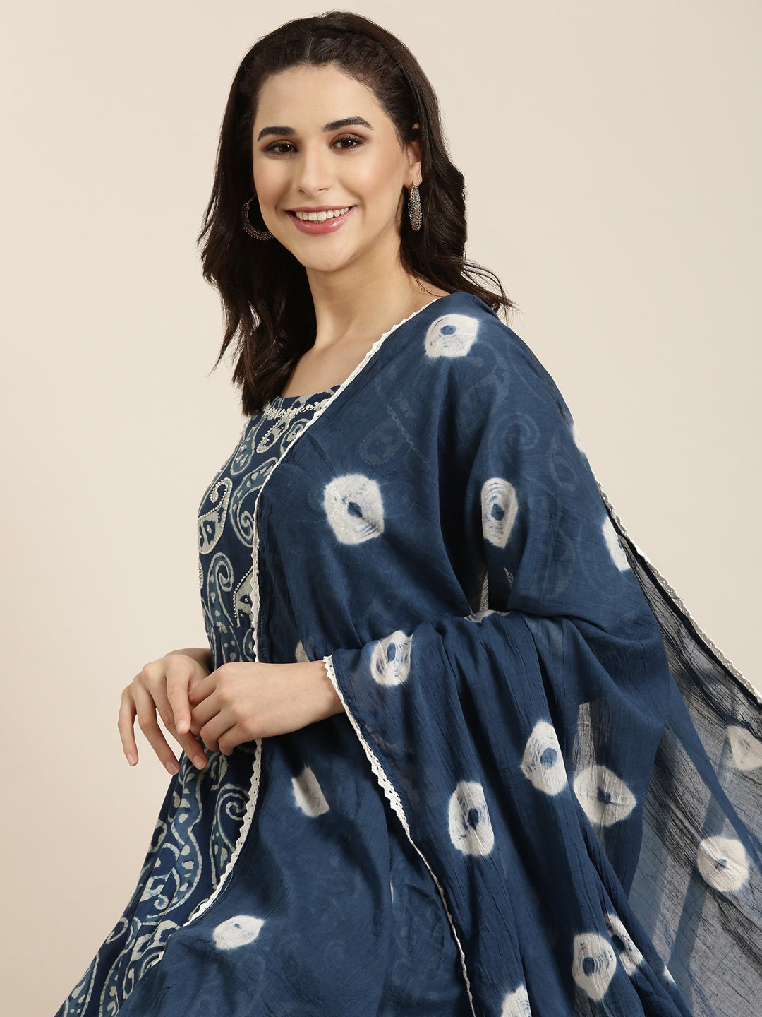 Women Anarkali Navy Blue Paisley Kurta and Trousers Set Comes With Dupatta