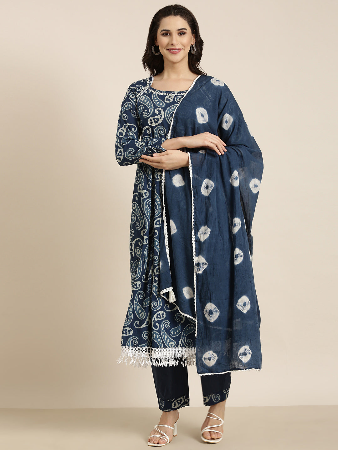 Women Anarkali Navy Blue Paisley Kurta and Trousers Set Comes With Dupatta