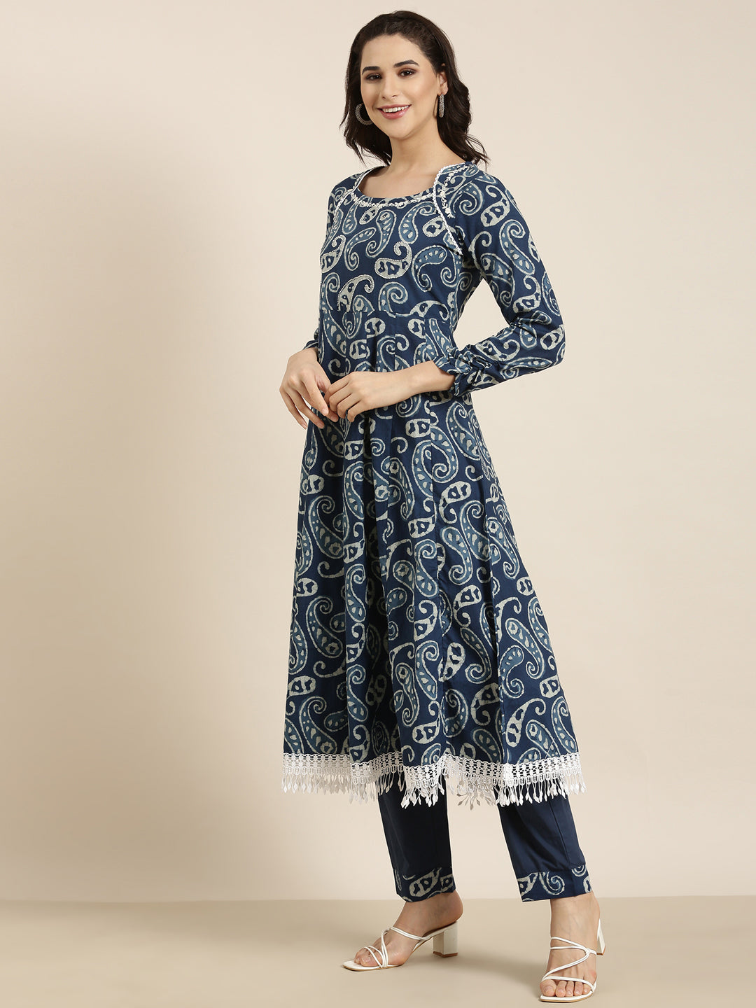 Women Anarkali Navy Blue Paisley Kurta and Trousers Set Comes With Dupatta