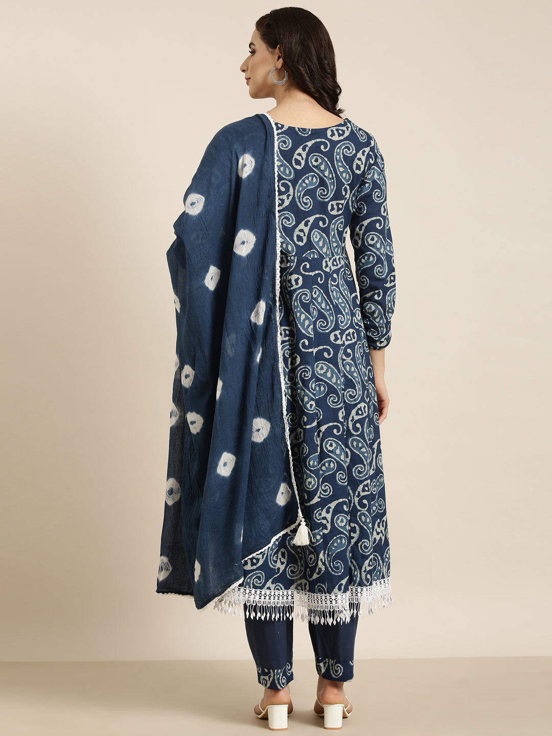 Women Anarkali Navy Blue Paisley Kurta and Trousers Set Comes With Dupatta