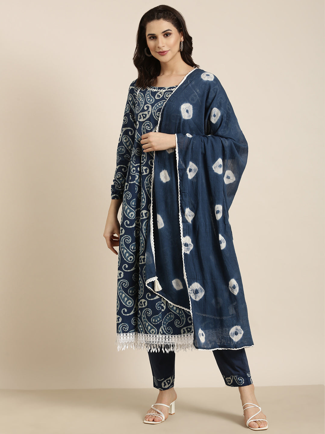 Women Anarkali Navy Blue Paisley Kurta and Trousers Set Comes With Dupatta