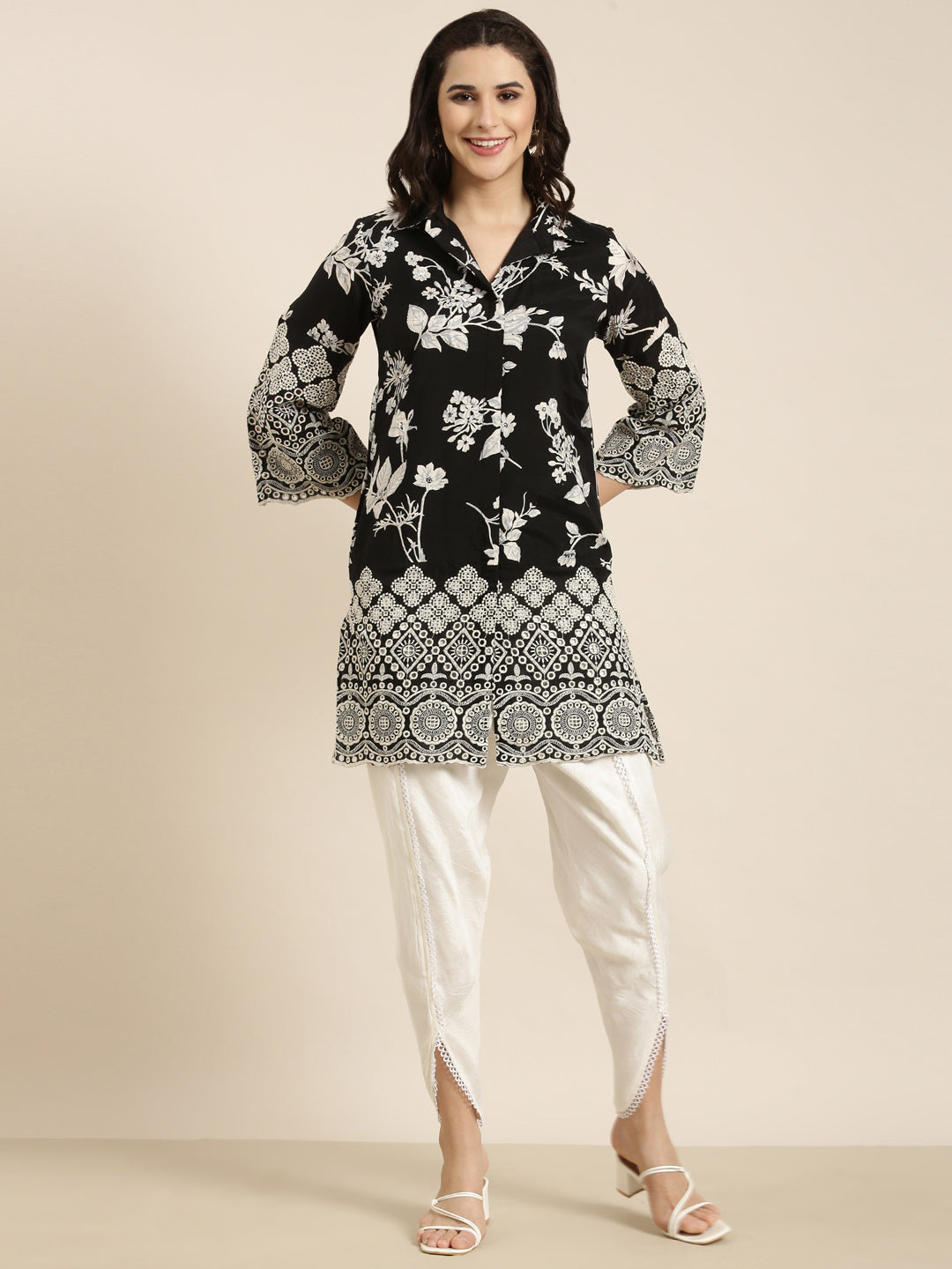 Women Straight Black Floral Kurta and Dhoti Pants Set