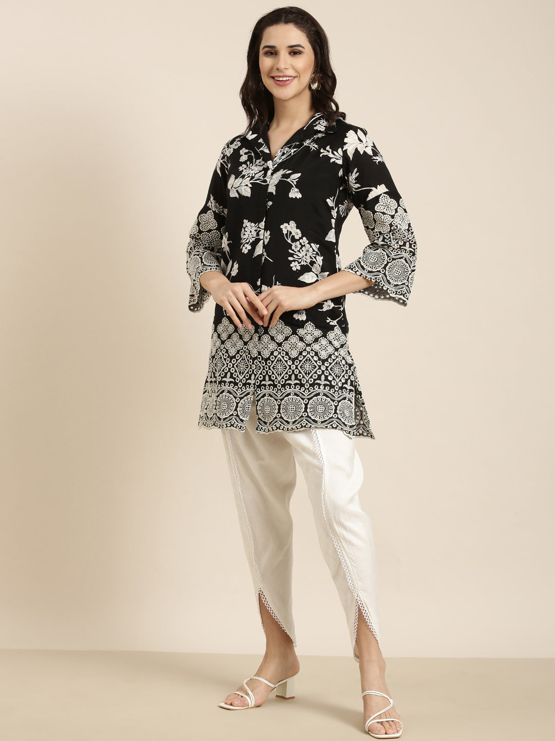 Women Straight Black Floral Kurta and Dhoti Pants Set