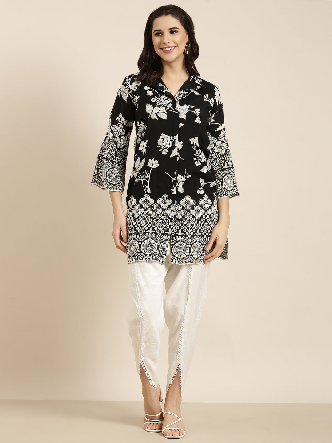 Women Straight Black Floral Kurta and Dhoti Pants Set