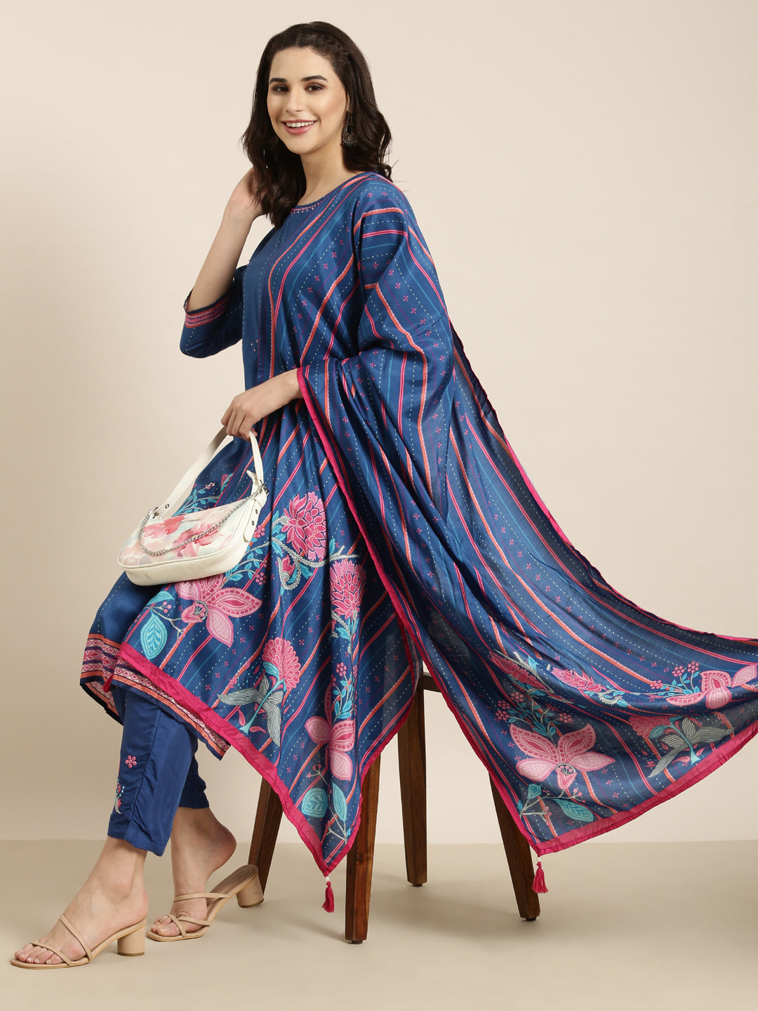 Women Straight Blue Floral Kurta and Trousers Set Comes With Dupatta