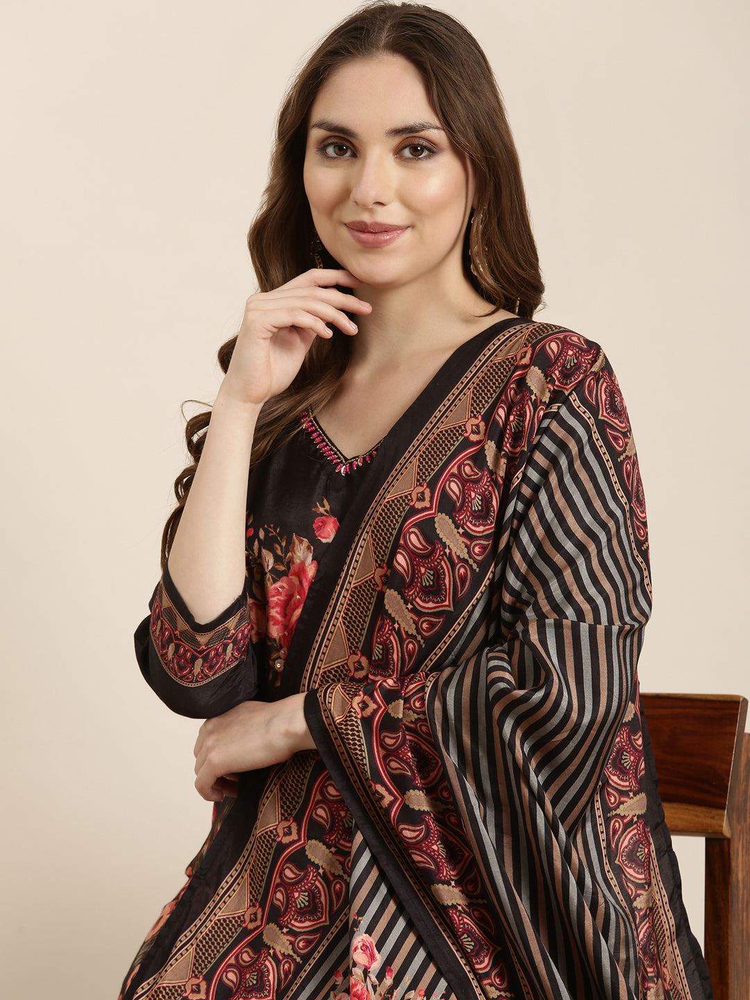 Women Straight Black Floral Kurta and Trousers Set Comes With Dupatta