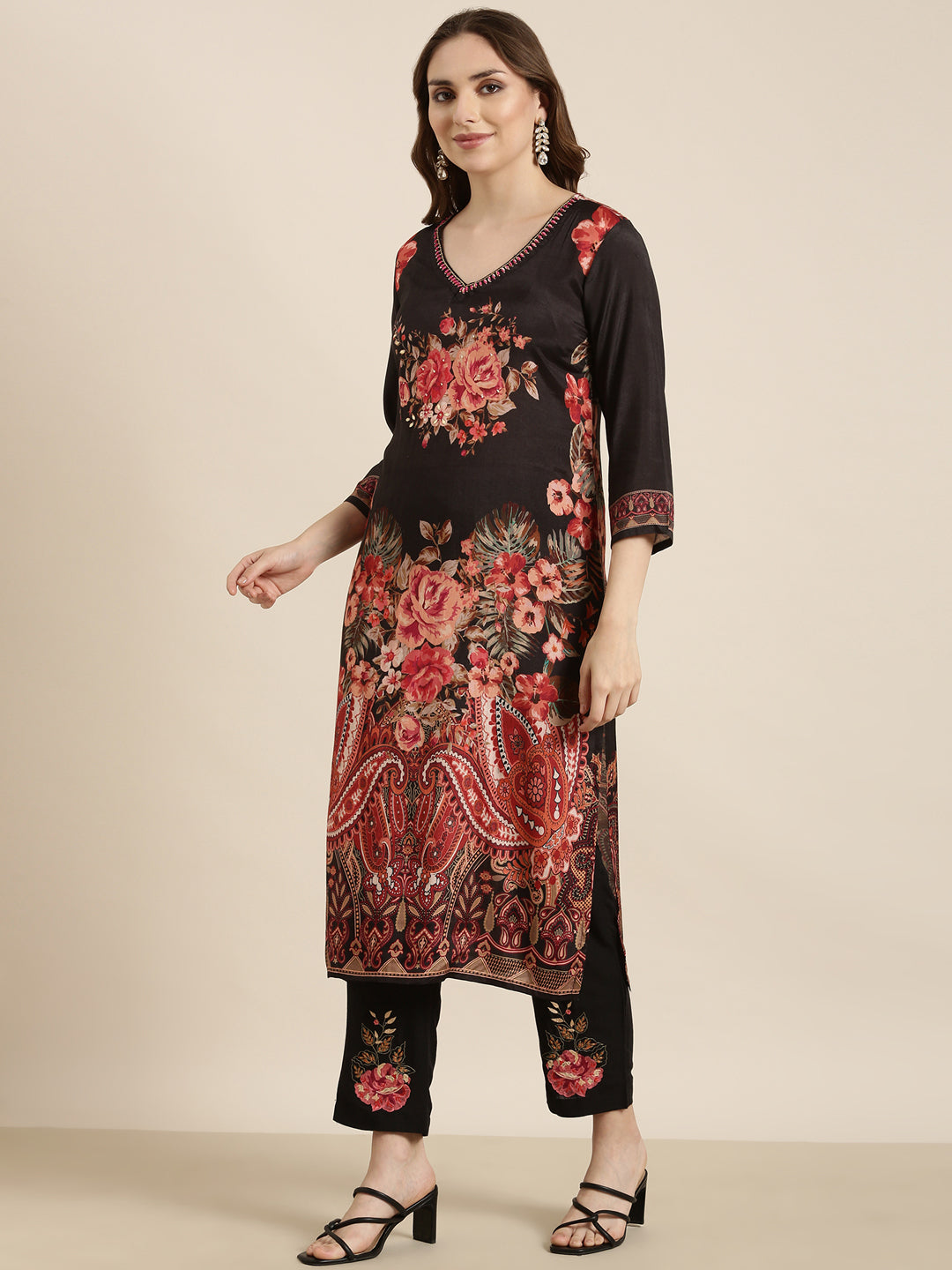 Women Straight Black Floral Kurta and Trousers Set Comes With Dupatta