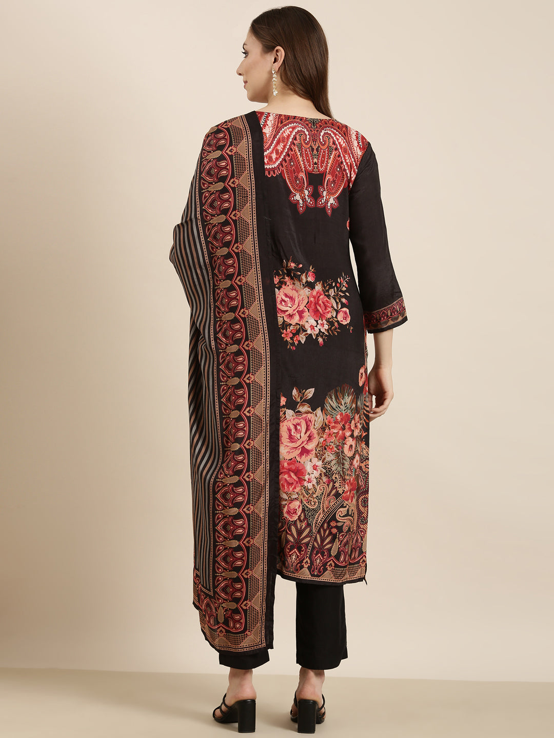 Women Straight Black Floral Kurta and Trousers Set Comes With Dupatta