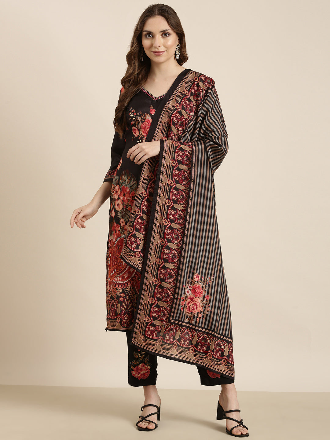 Women Straight Black Floral Kurta and Trousers Set Comes With Dupatta