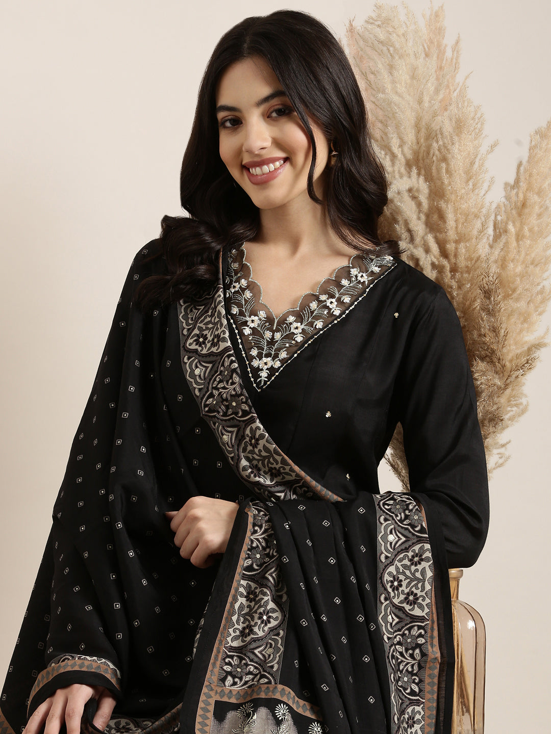 Women's Anarkali Black Solid Kurta and Trousers Set Comes With Dupatta