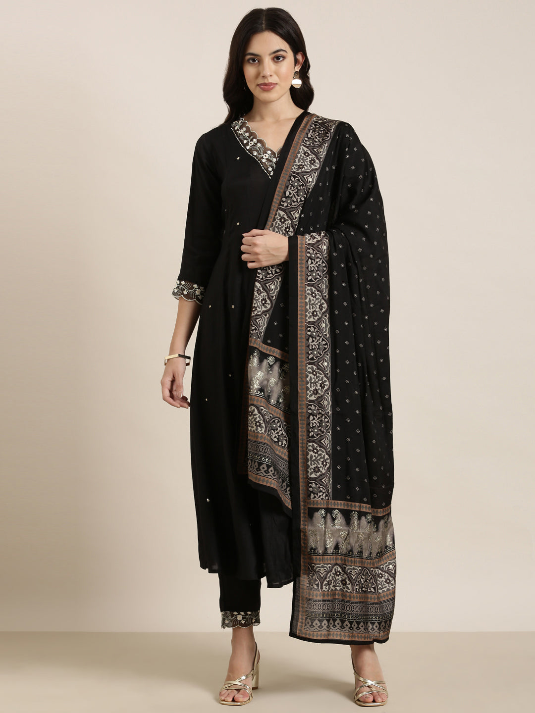 Women's Anarkali Black Solid Kurta and Trousers Set Comes With Dupatta