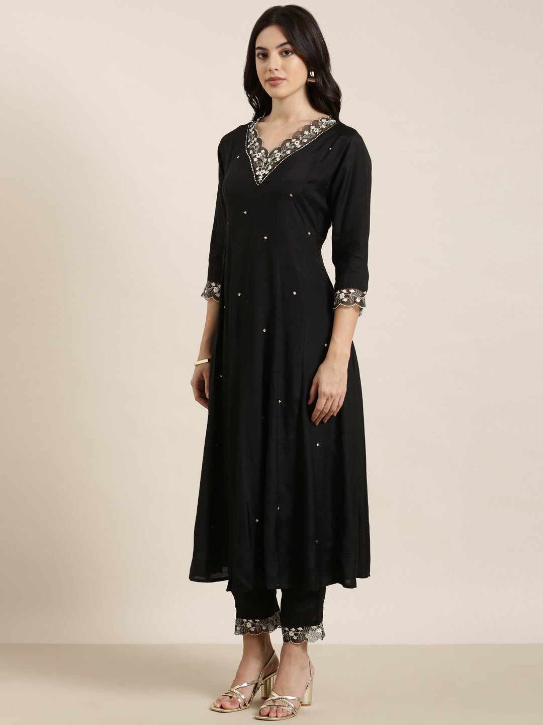 Women's Anarkali Black Solid Kurta and Trousers Set Comes With Dupatta
