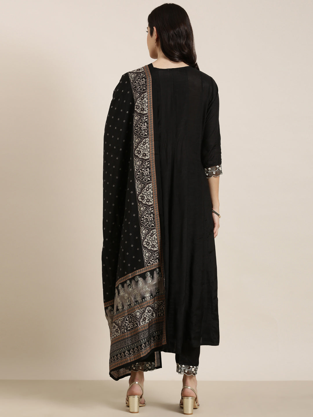 Women's Anarkali Black Solid Kurta and Trousers Set Comes With Dupatta