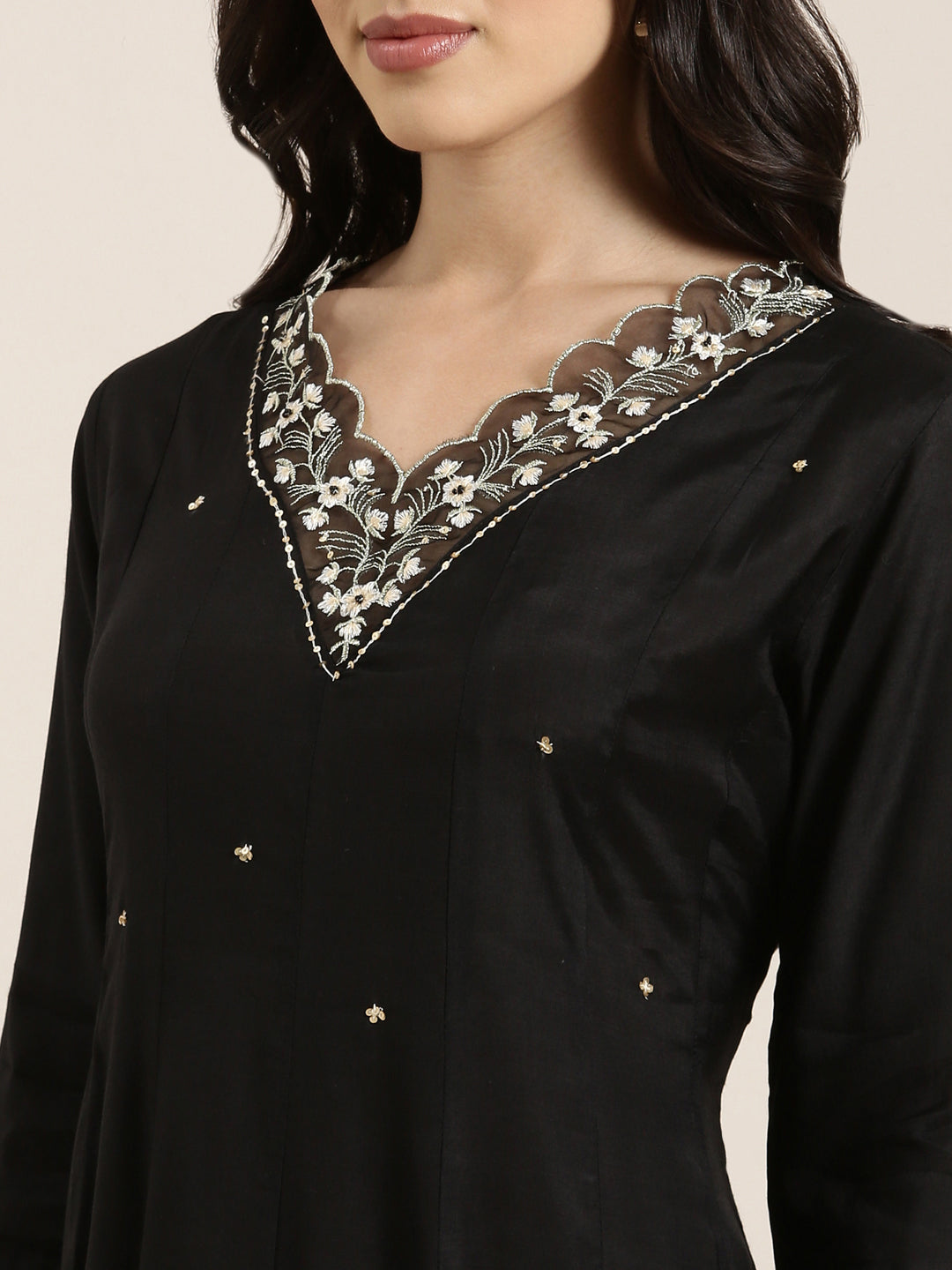 Women's Anarkali Black Solid Kurta and Trousers Set Comes With Dupatta