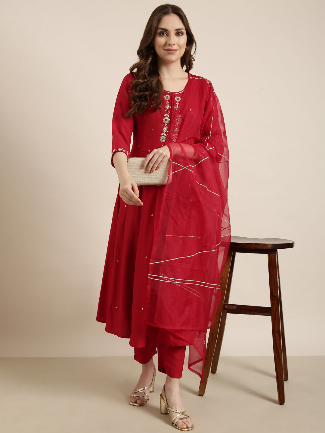 Women's Anarkali Red Solid Kurta Sets with Trousers & Dupatta
