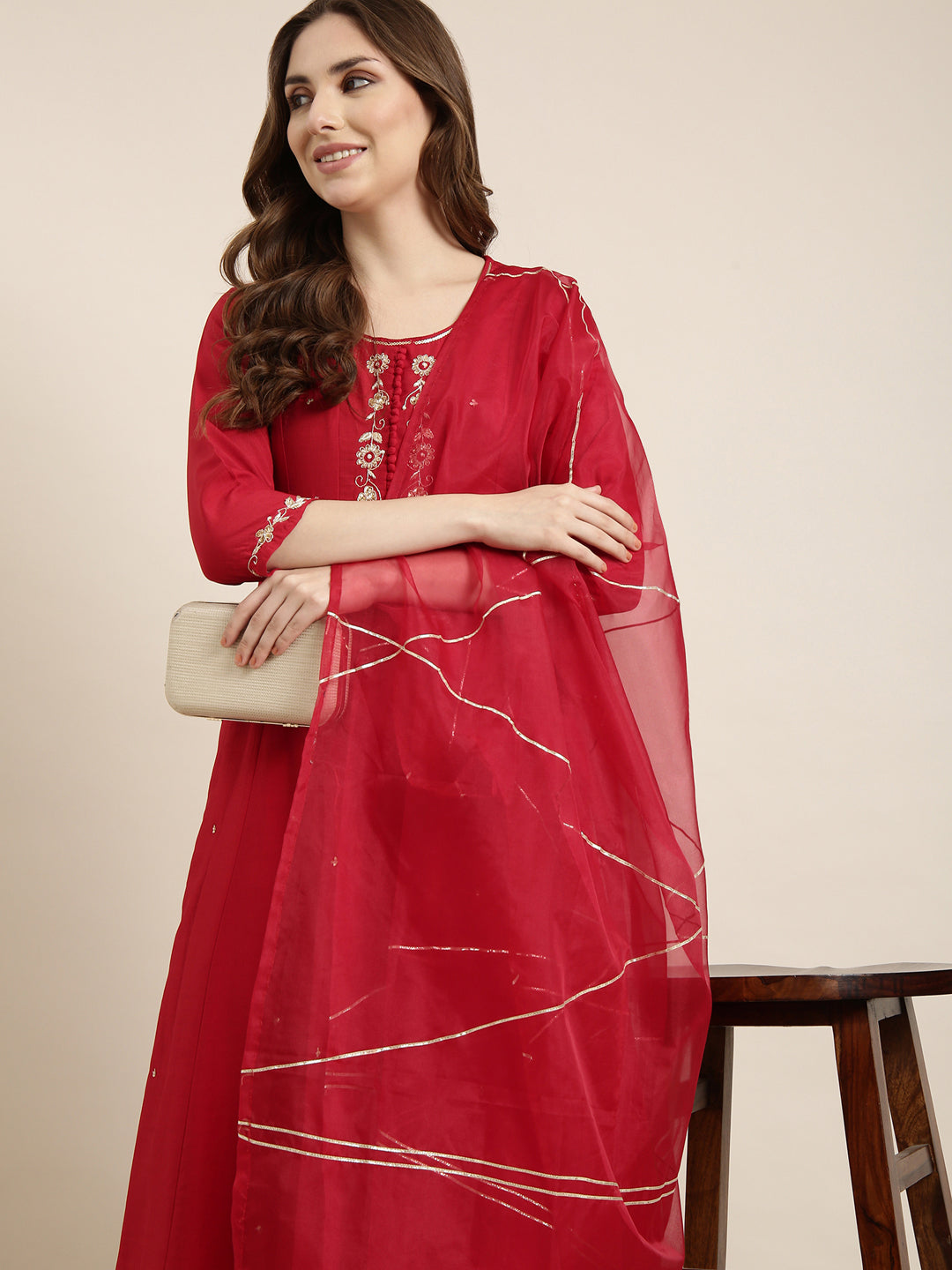 Women's Anarkali Red Solid Kurta Sets with Trousers & Dupatta