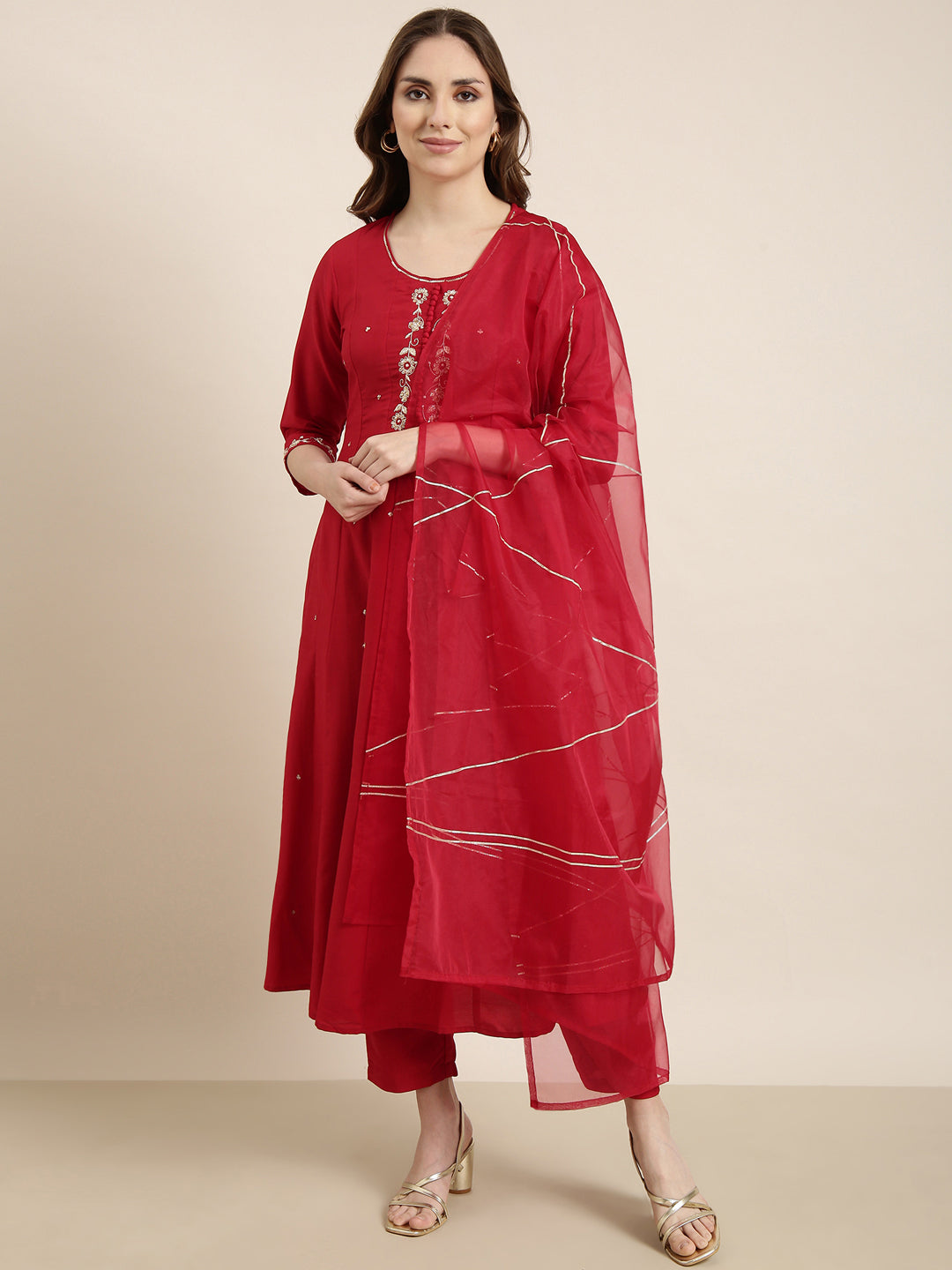 Women's Anarkali Red Solid Kurta Sets with Trousers & Dupatta