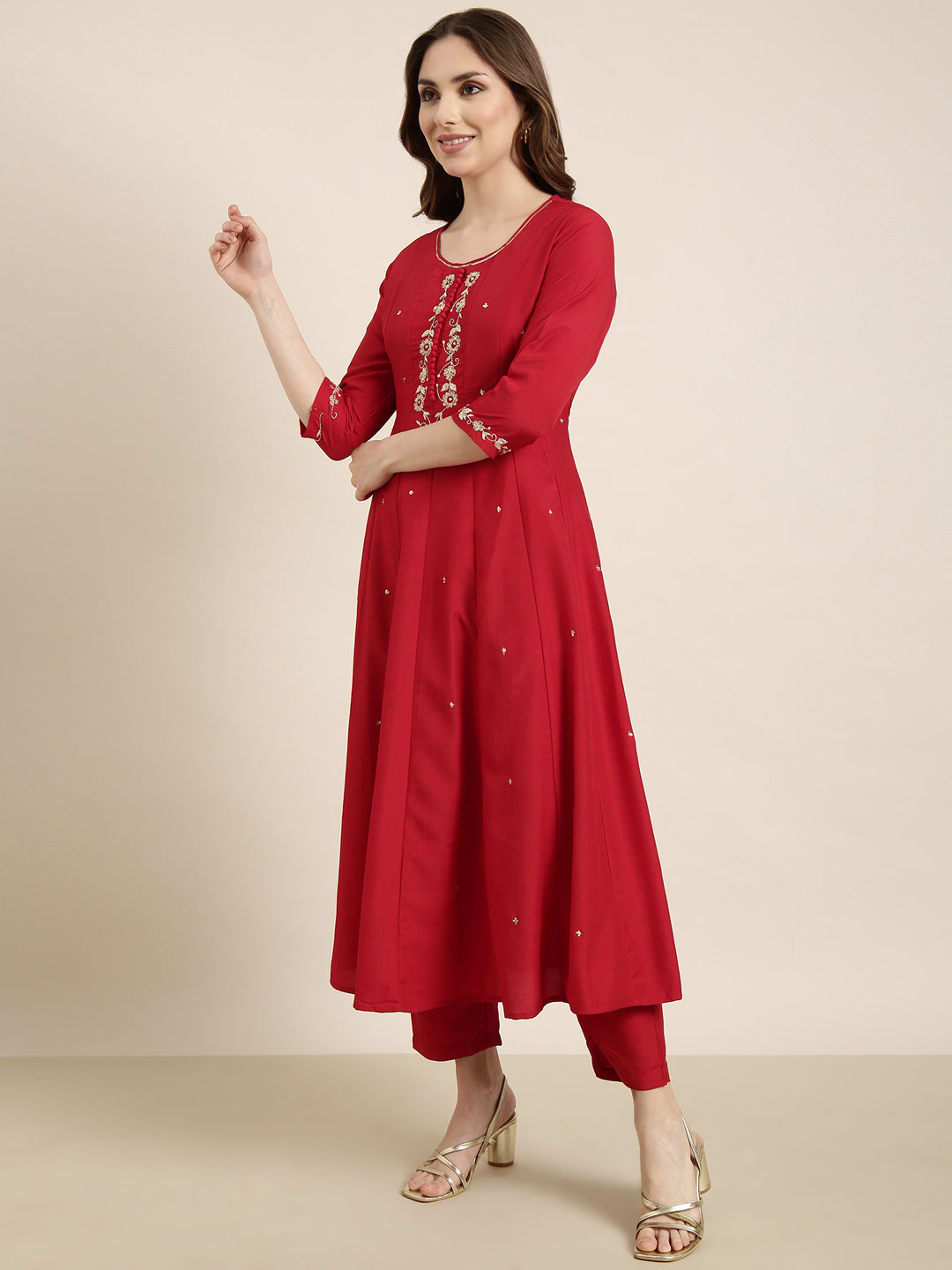 Women's Anarkali Red Solid Kurta Sets with Trousers & Dupatta