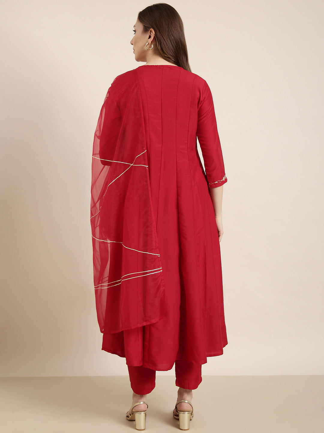 Women's Anarkali Red Solid Kurta Sets with Trousers & Dupatta