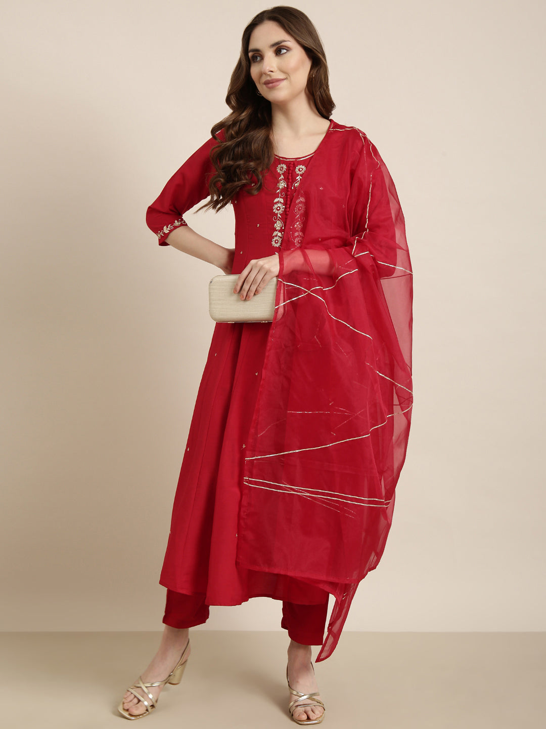 Women's Anarkali Red Solid Kurta Sets with Trousers & Dupatta