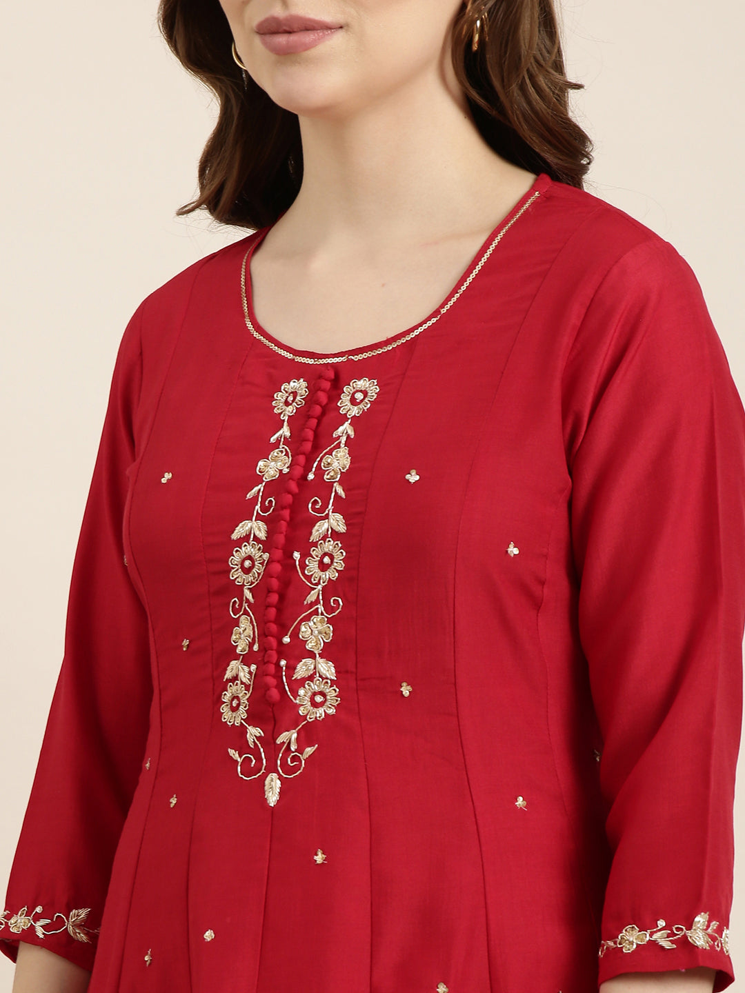 Women's Anarkali Red Solid Kurta Sets with Trousers & Dupatta