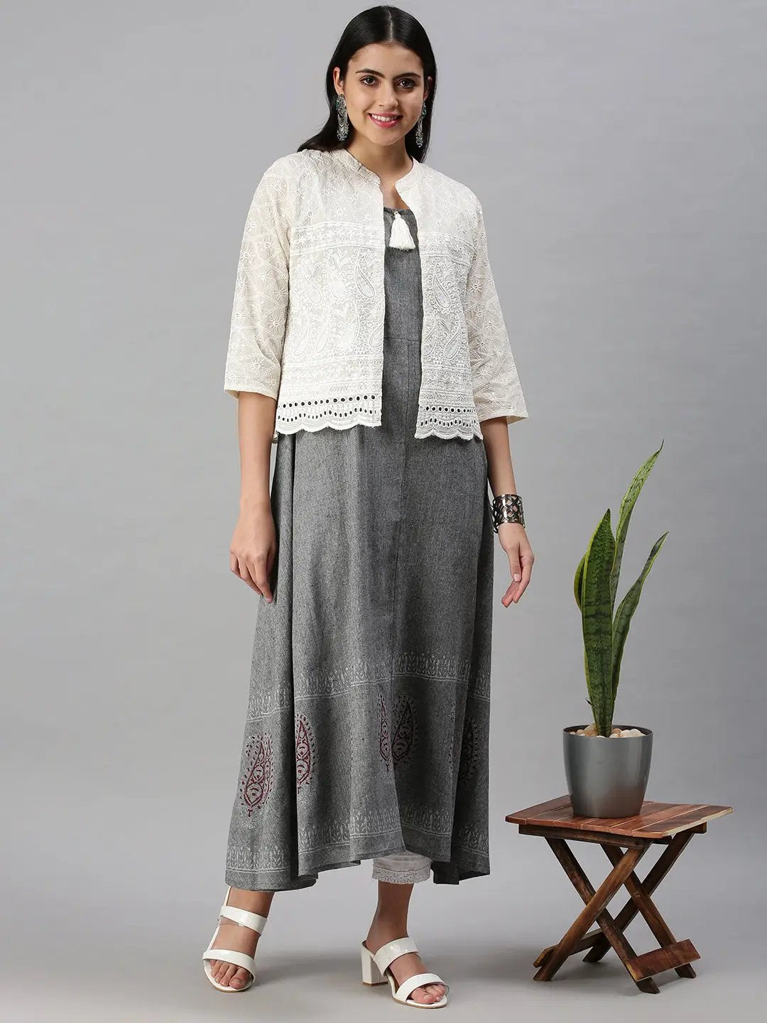 Women's Grey Geometrical Anarkali Kurta