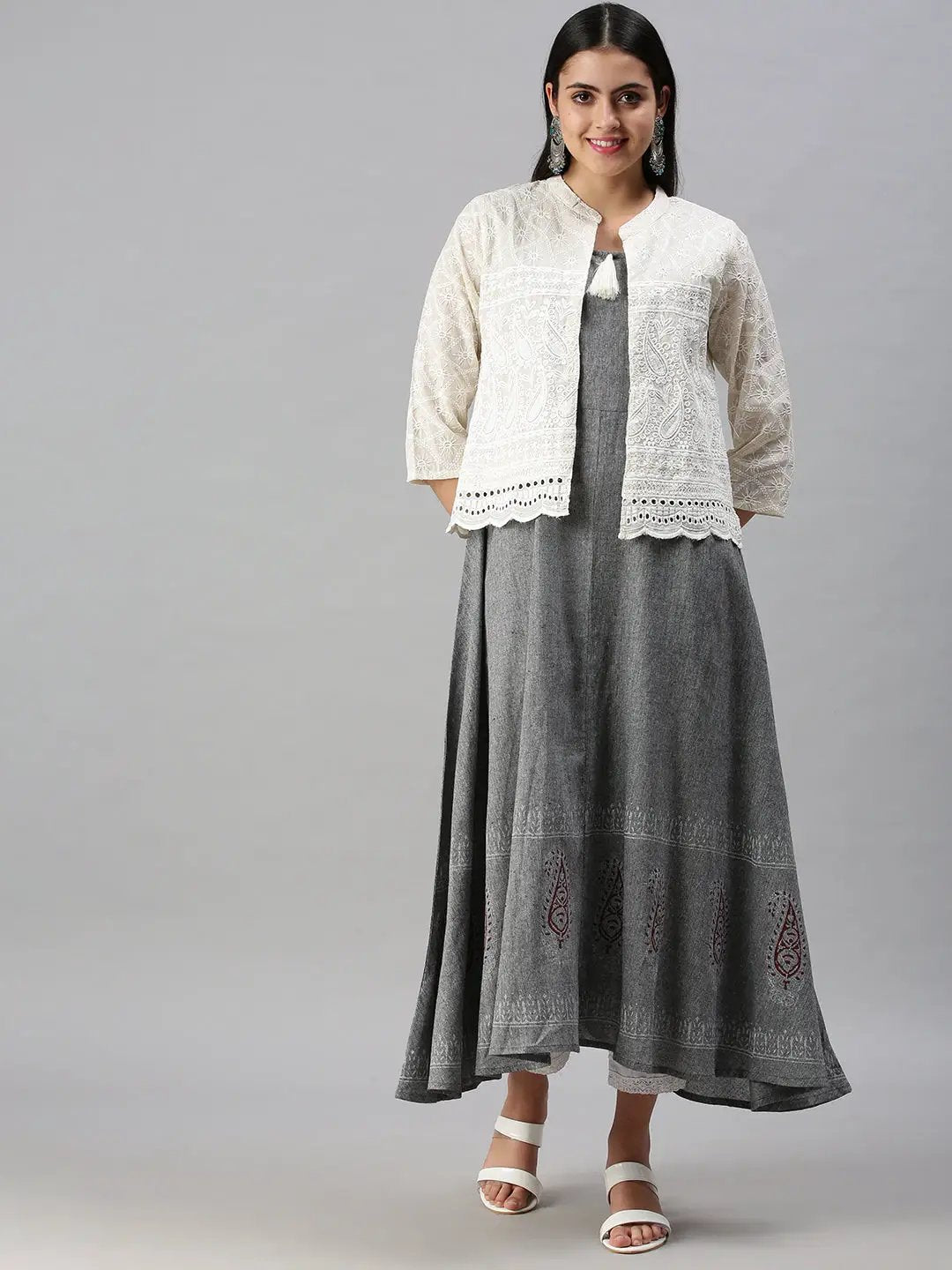 Women's Grey Geometrical Anarkali Kurta