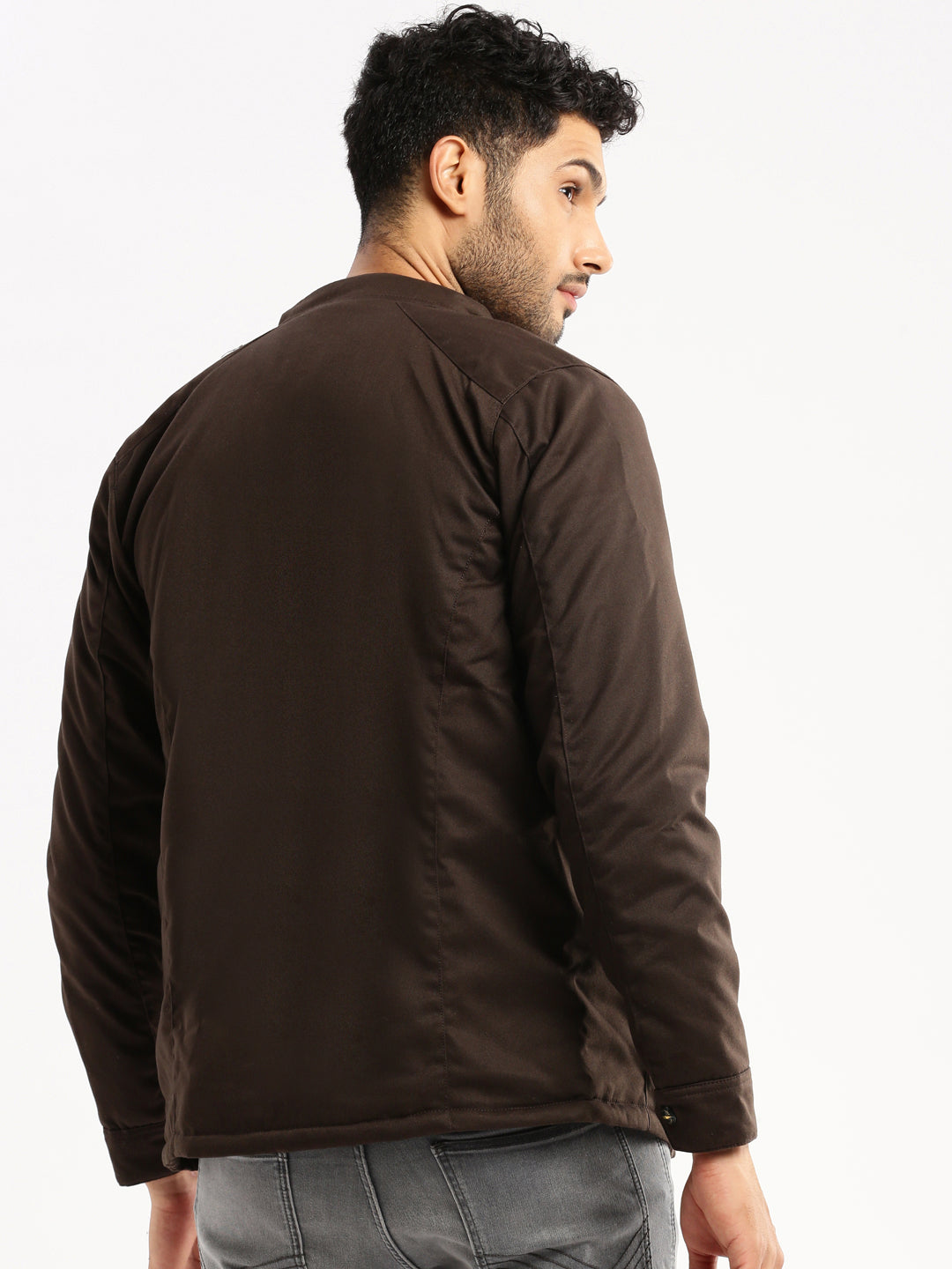 Men Brown Mock Collar Solid Tailored Jacket