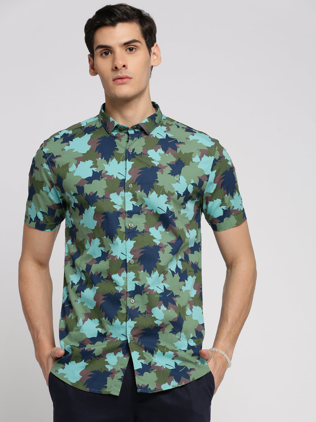 Men Turquoise Blue Spread Collar Floral Shirt