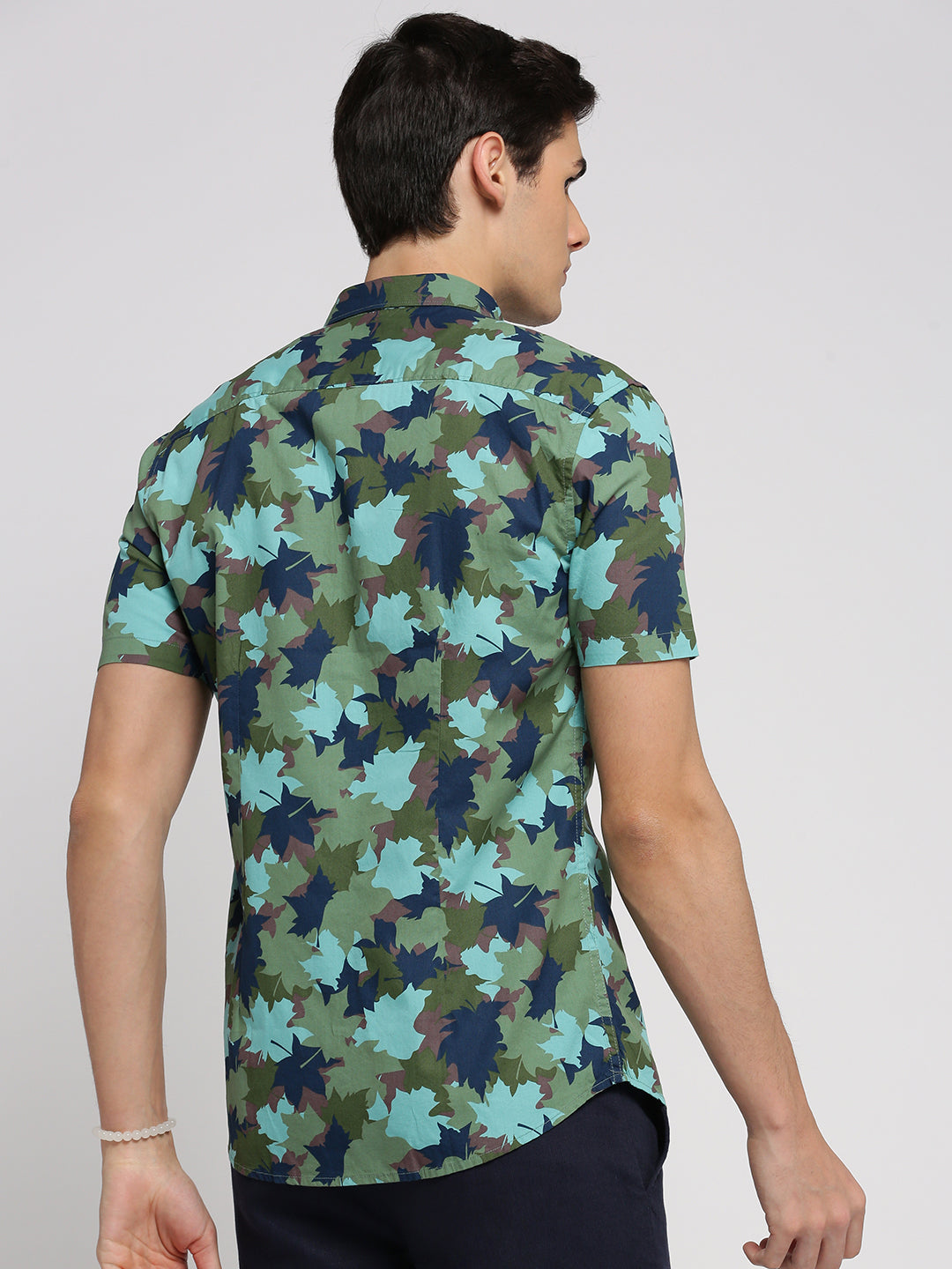 Men Turquoise Blue Spread Collar Floral Shirt