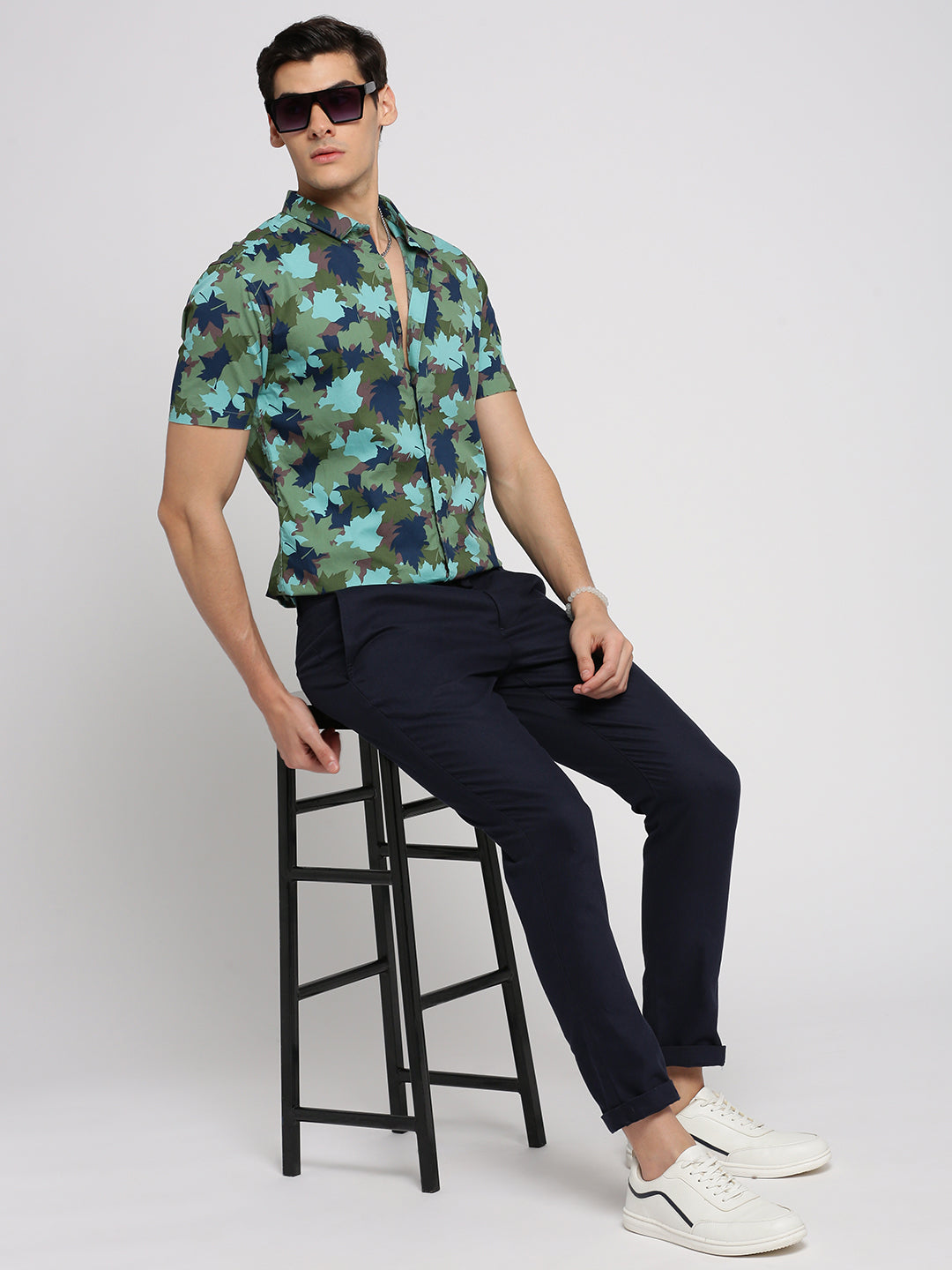 Men Turquoise Blue Spread Collar Floral Shirt