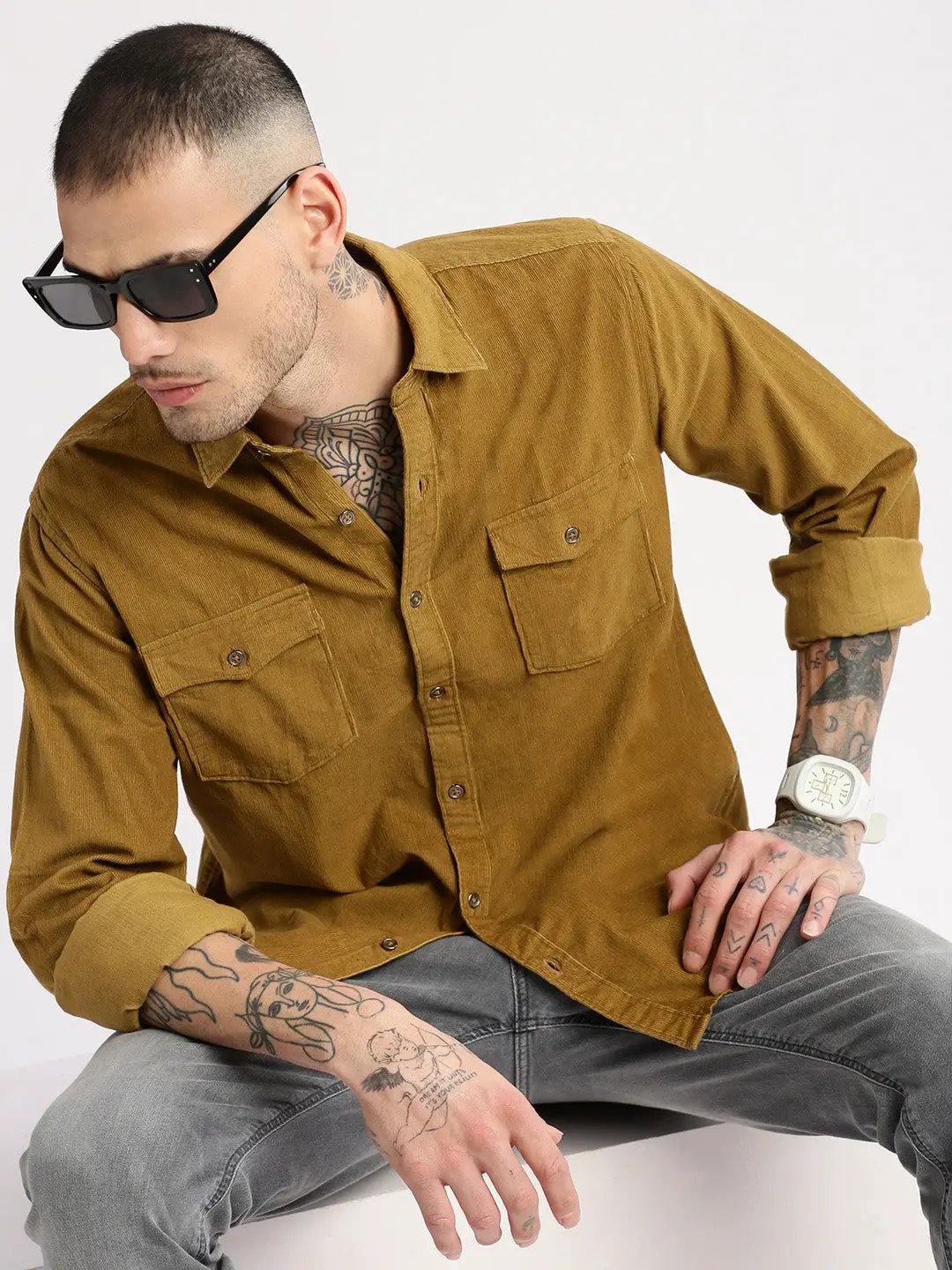 Men's Khaki Smart Slim Fit Corduroy Casual Shirt