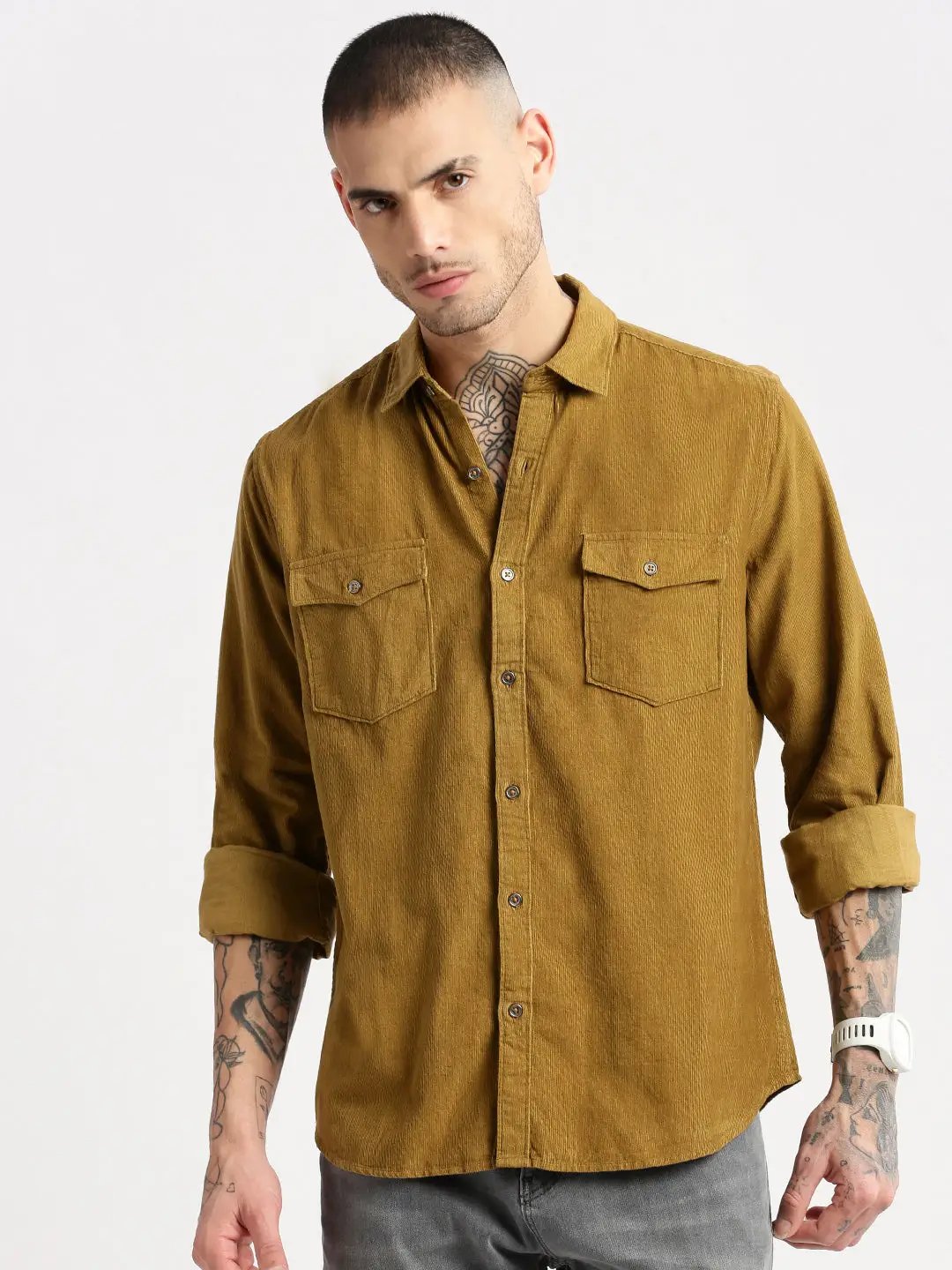 Men's Khaki Smart Slim Fit Corduroy Casual Shirt