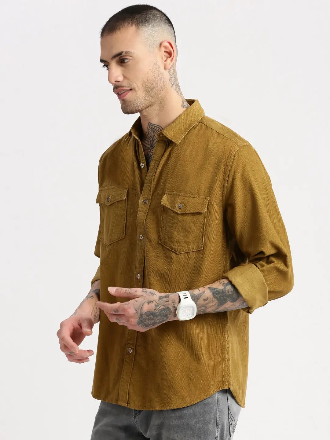 Men's Khaki Smart Slim Fit Corduroy Casual Shirt