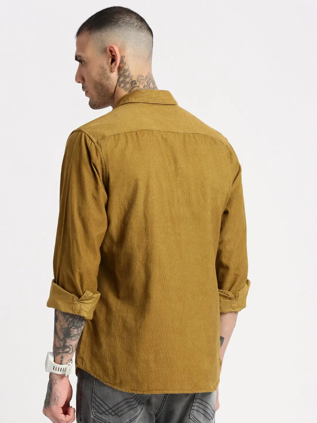 Men's Khaki Smart Slim Fit Corduroy Casual Shirt