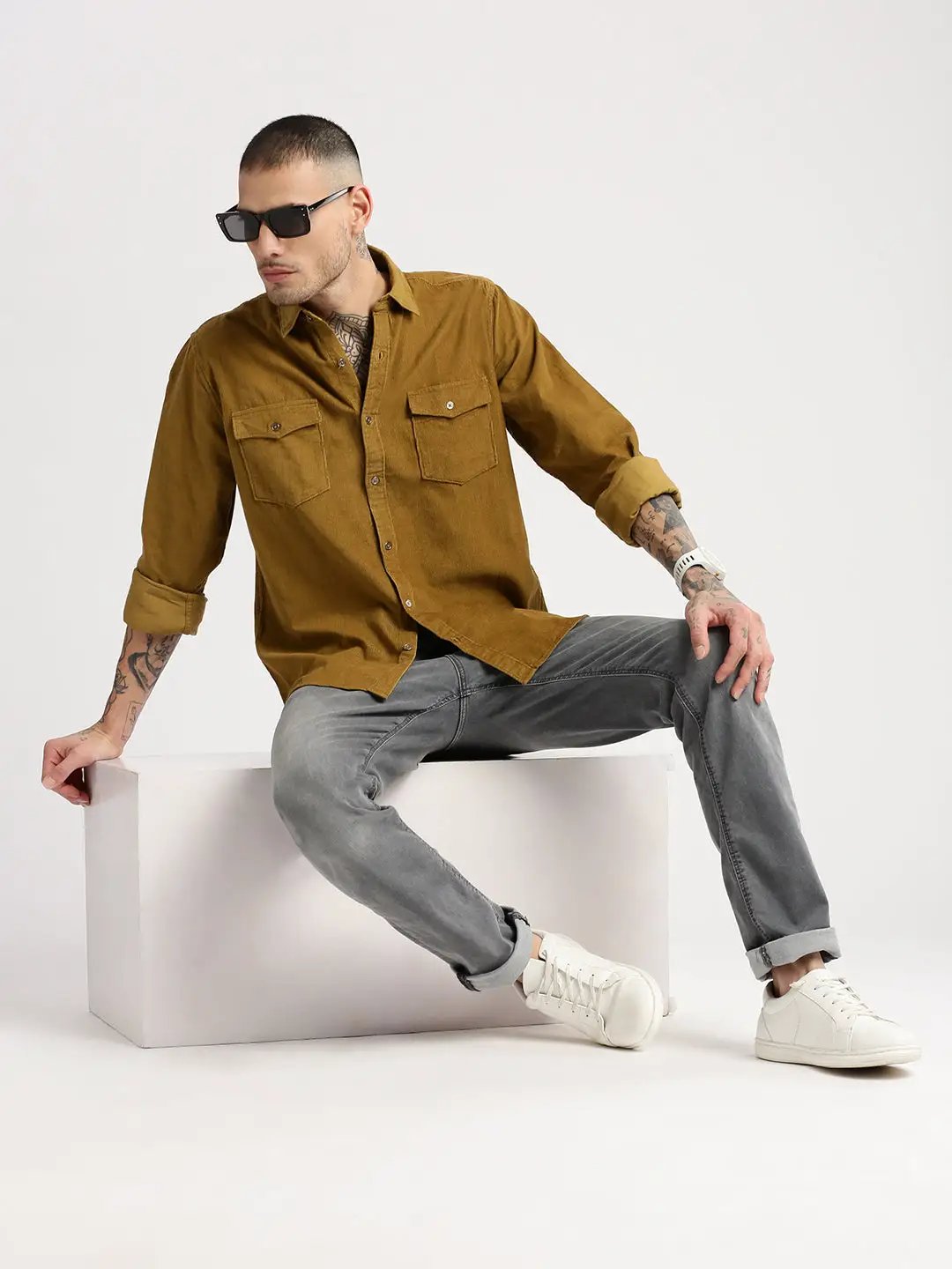 Men's Khaki Smart Slim Fit Corduroy Casual Shirt