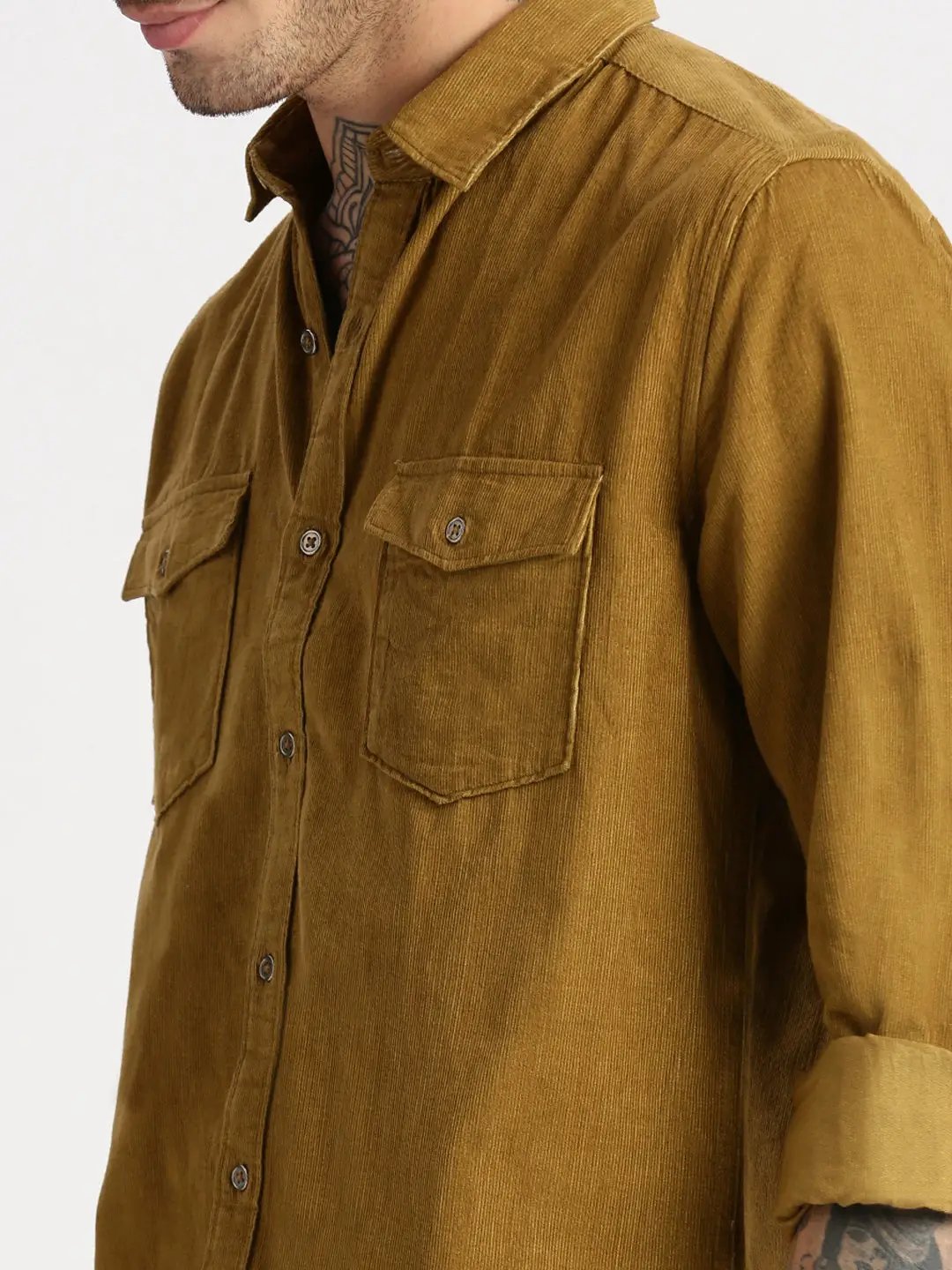 Men's Khaki Smart Slim Fit Corduroy Casual Shirt
