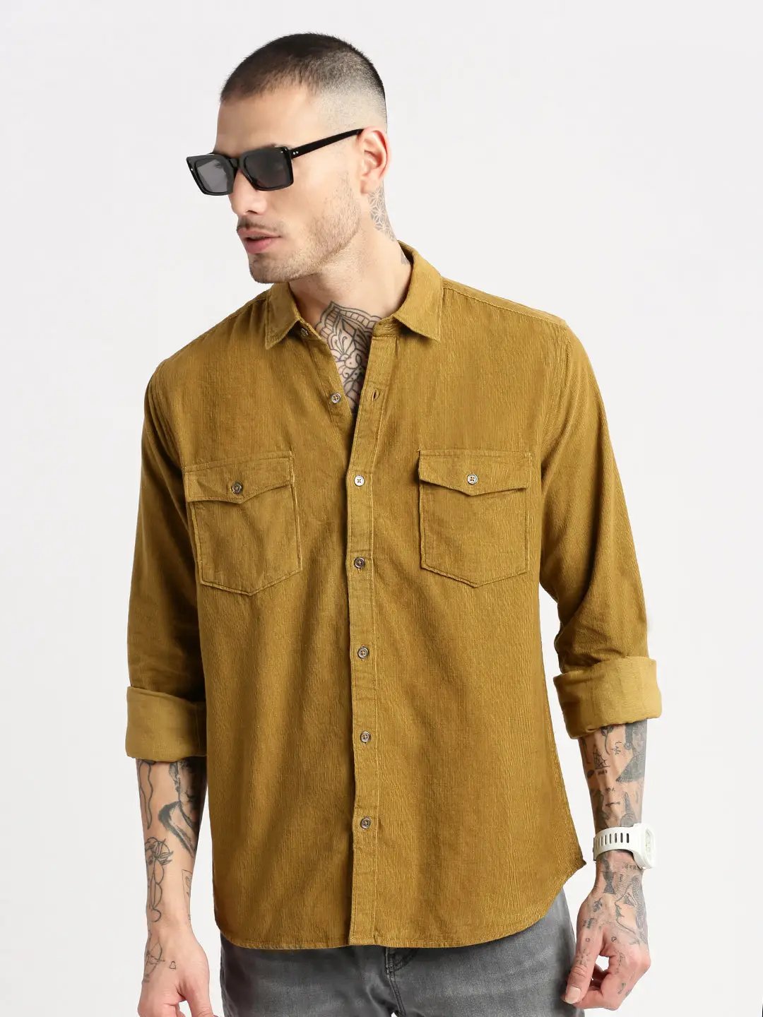 Men's Khaki Smart Slim Fit Corduroy Casual Shirt
