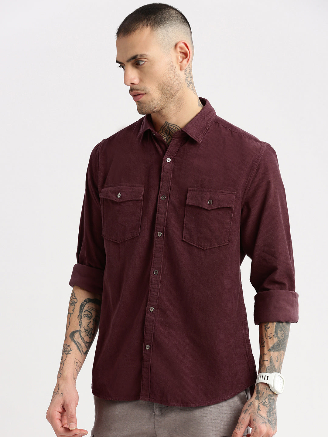 Men Spread Collar Corduroy Solid Maroon Casual Shirt