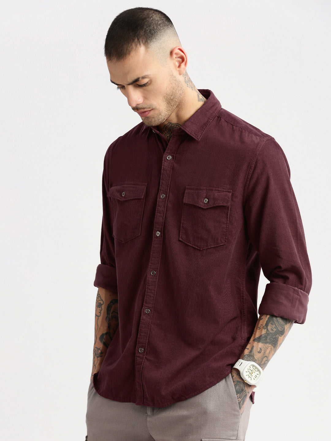 Men Spread Collar Corduroy Solid Maroon Casual Shirt