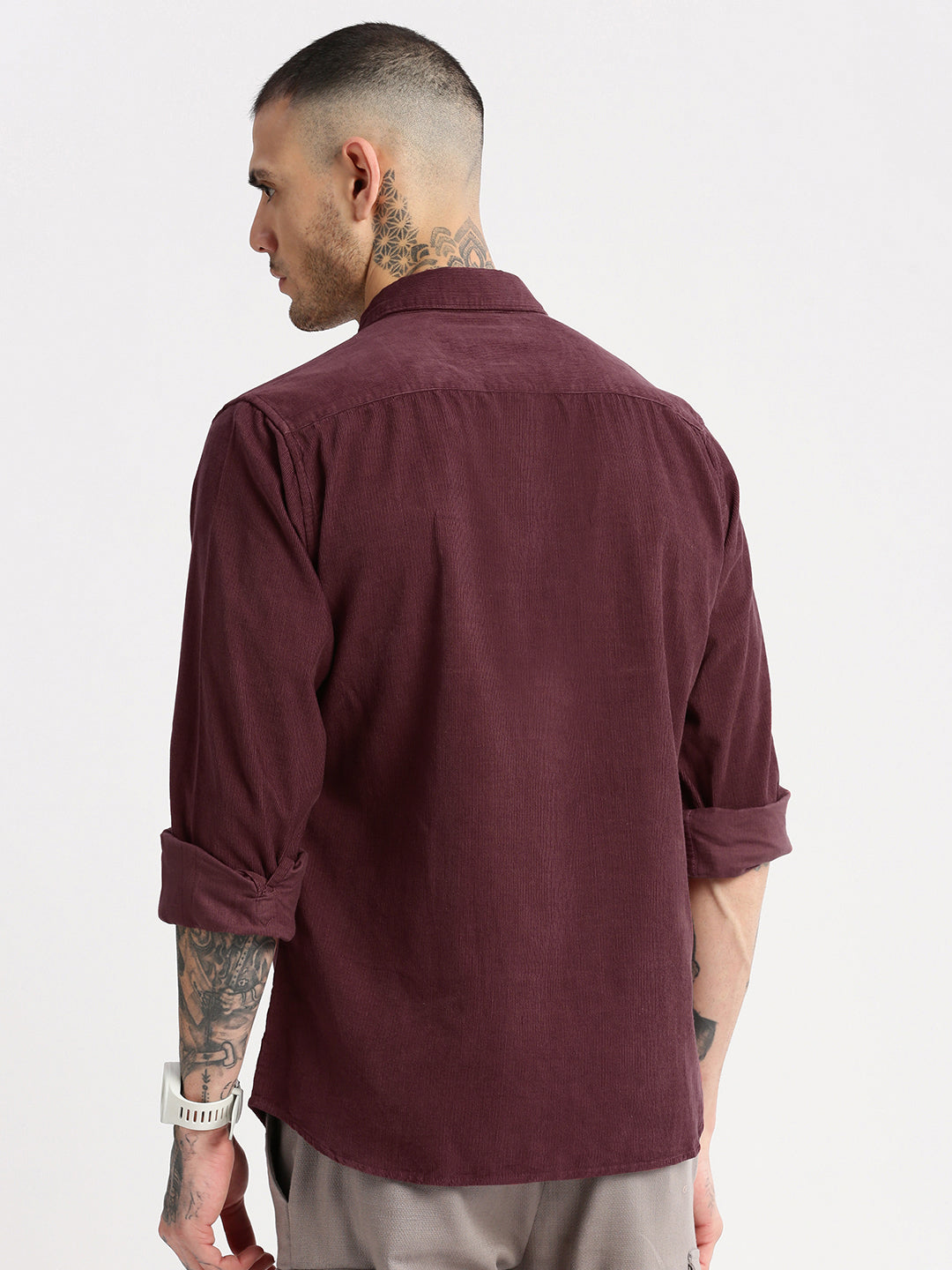 Men Spread Collar Corduroy Solid Maroon Casual Shirt