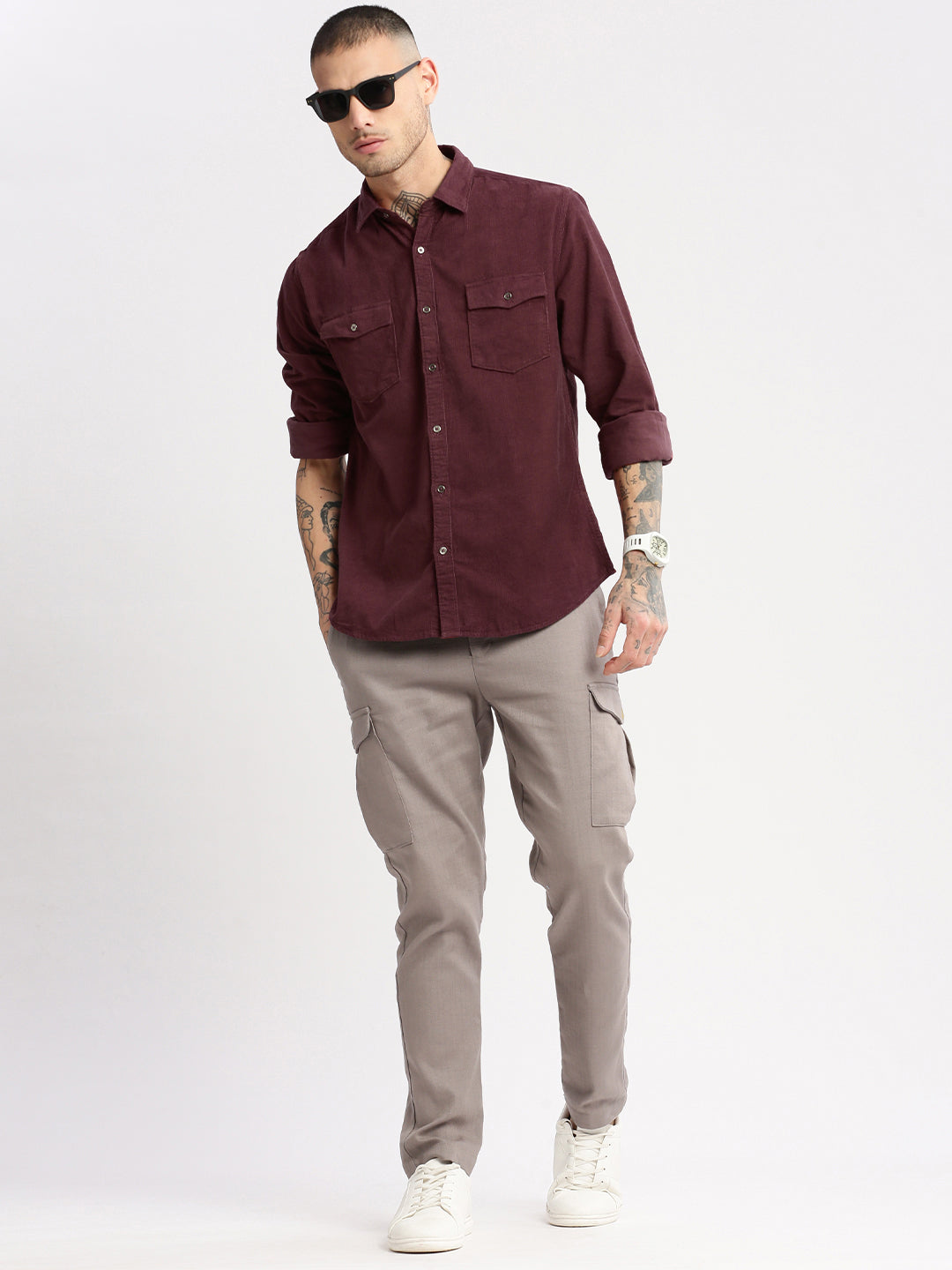 Men Spread Collar Corduroy Solid Maroon Casual Shirt