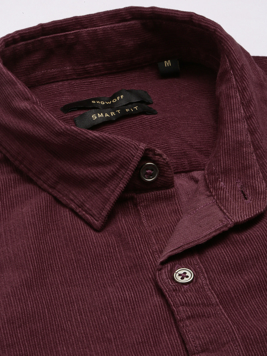 Men Spread Collar Corduroy Solid Maroon Casual Shirt