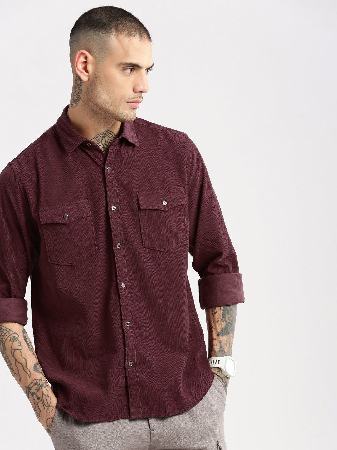 Men Spread Collar Corduroy Solid Maroon Casual Shirt