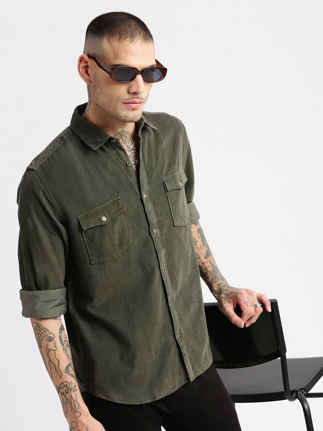 Men Spread Collar Corduroy Solid Olive Casual Shirt