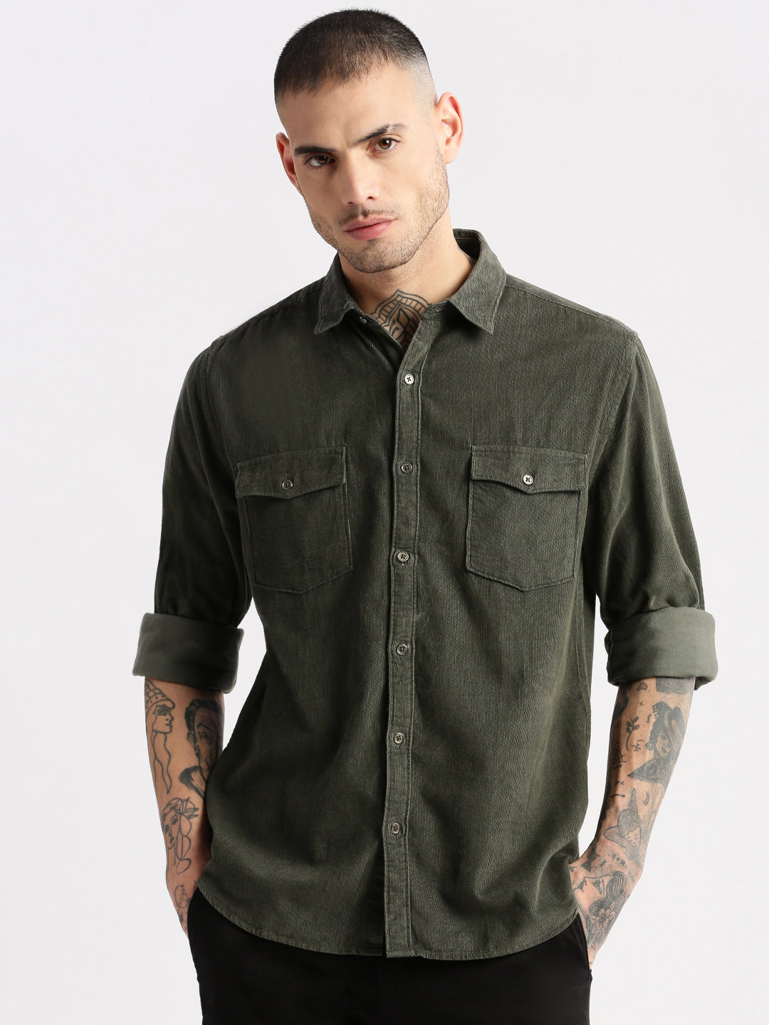 Men Spread Collar Corduroy Solid Olive Casual Shirt