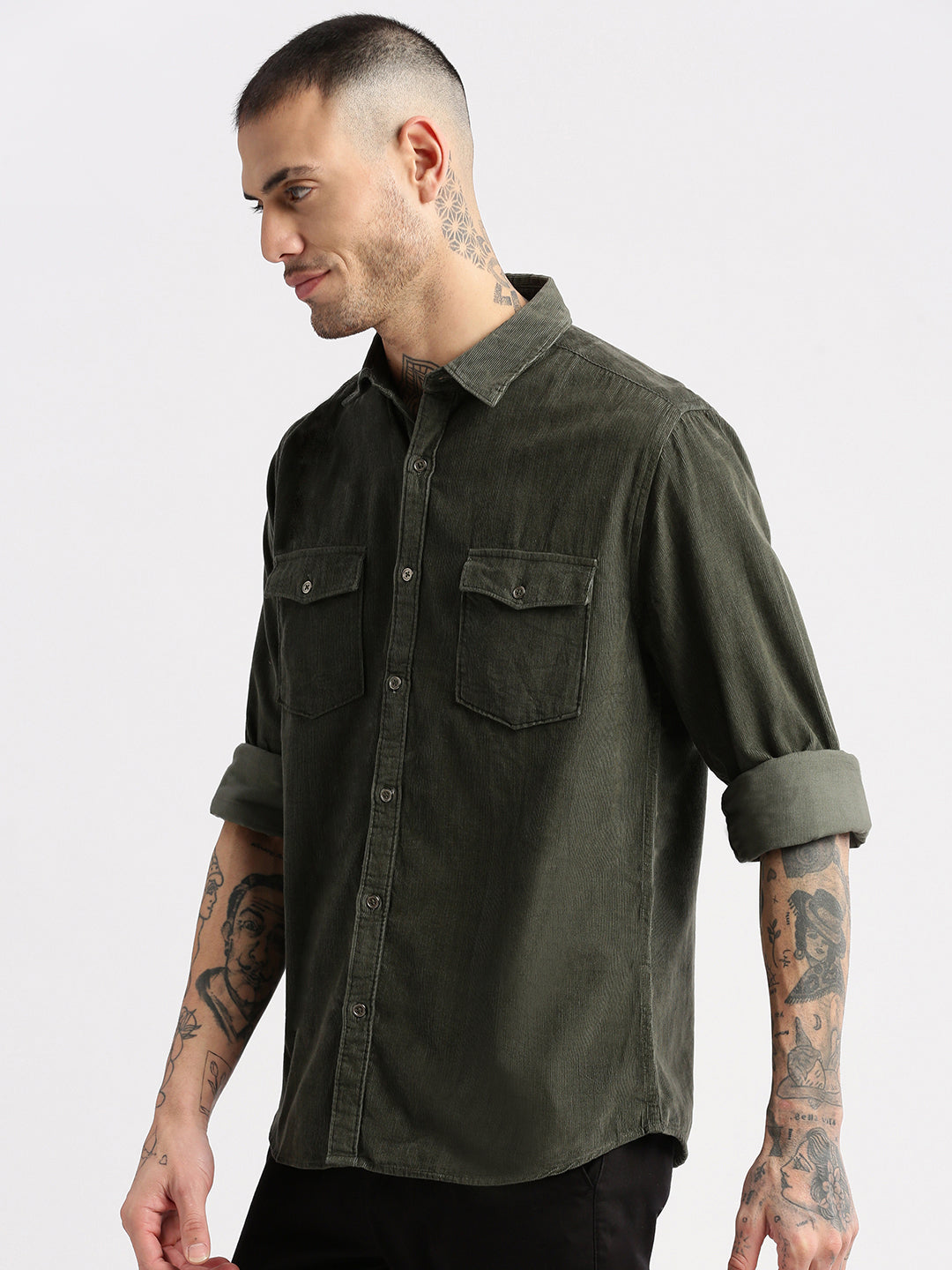 Men Spread Collar Corduroy Solid Olive Casual Shirt