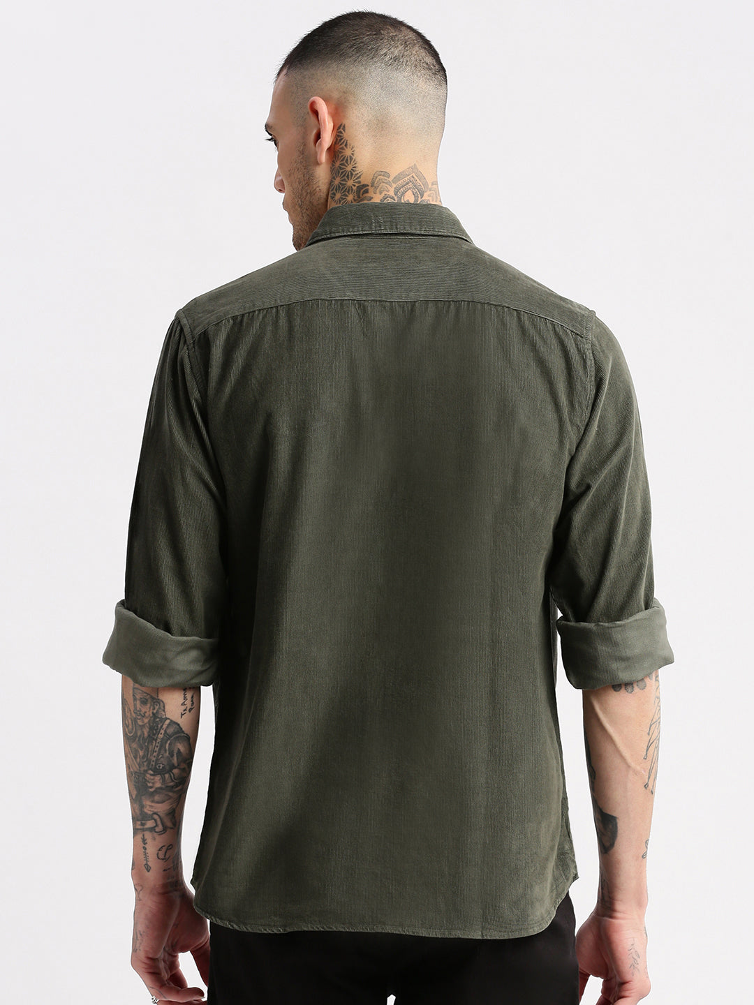 Men Spread Collar Corduroy Solid Olive Casual Shirt