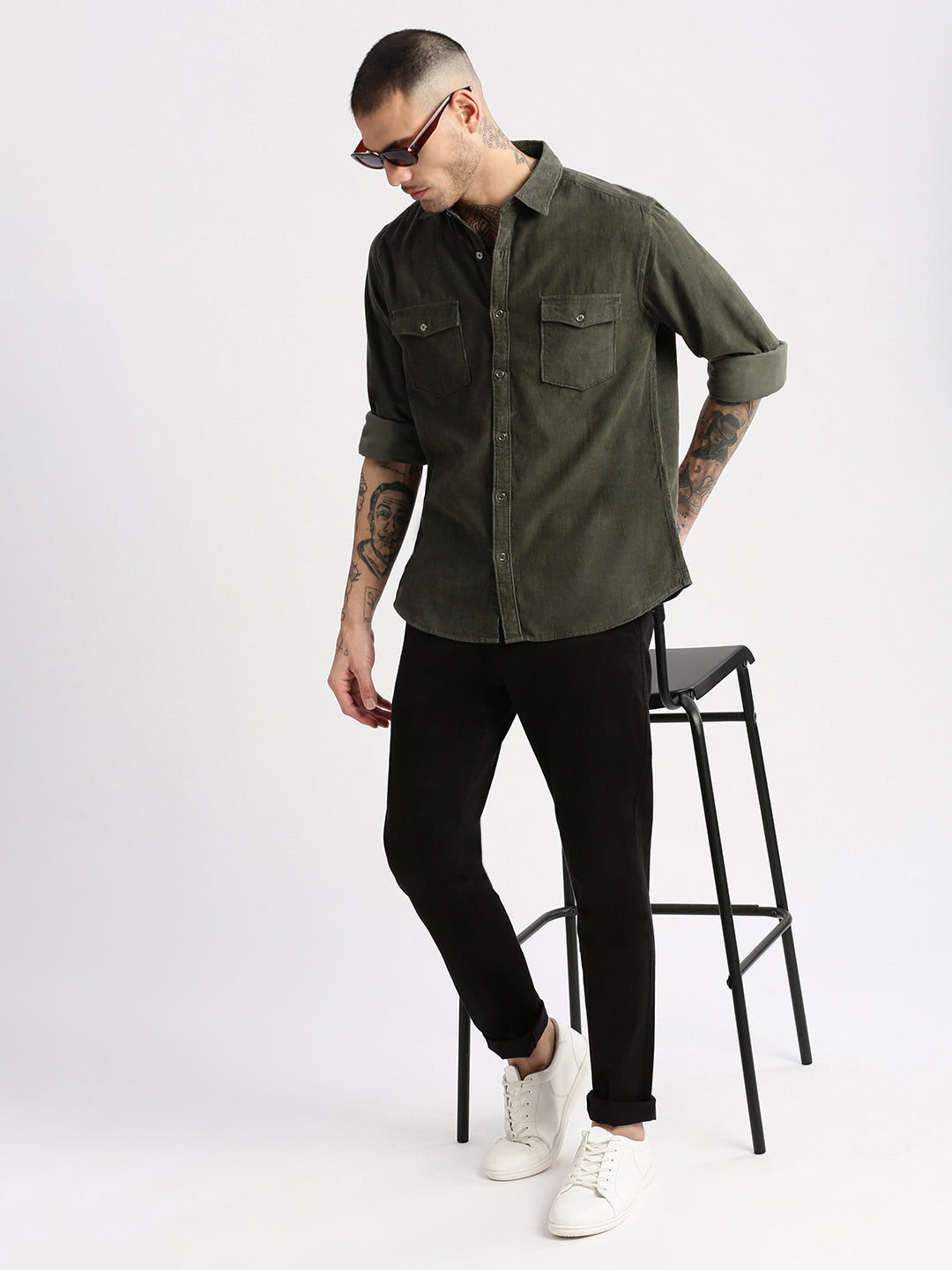 Men Spread Collar Corduroy Solid Olive Casual Shirt