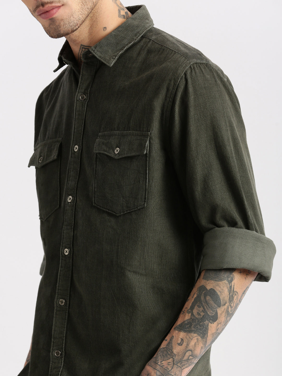 Men Spread Collar Corduroy Solid Olive Casual Shirt